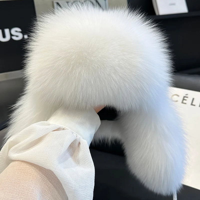 2025 100% Real Fox Fur Hats Women's Russian Ushanka Aviator Trapper Snow Skiing Hat Caps Earflap Winter Raccoon Fur Bomber Hat Purest Peak