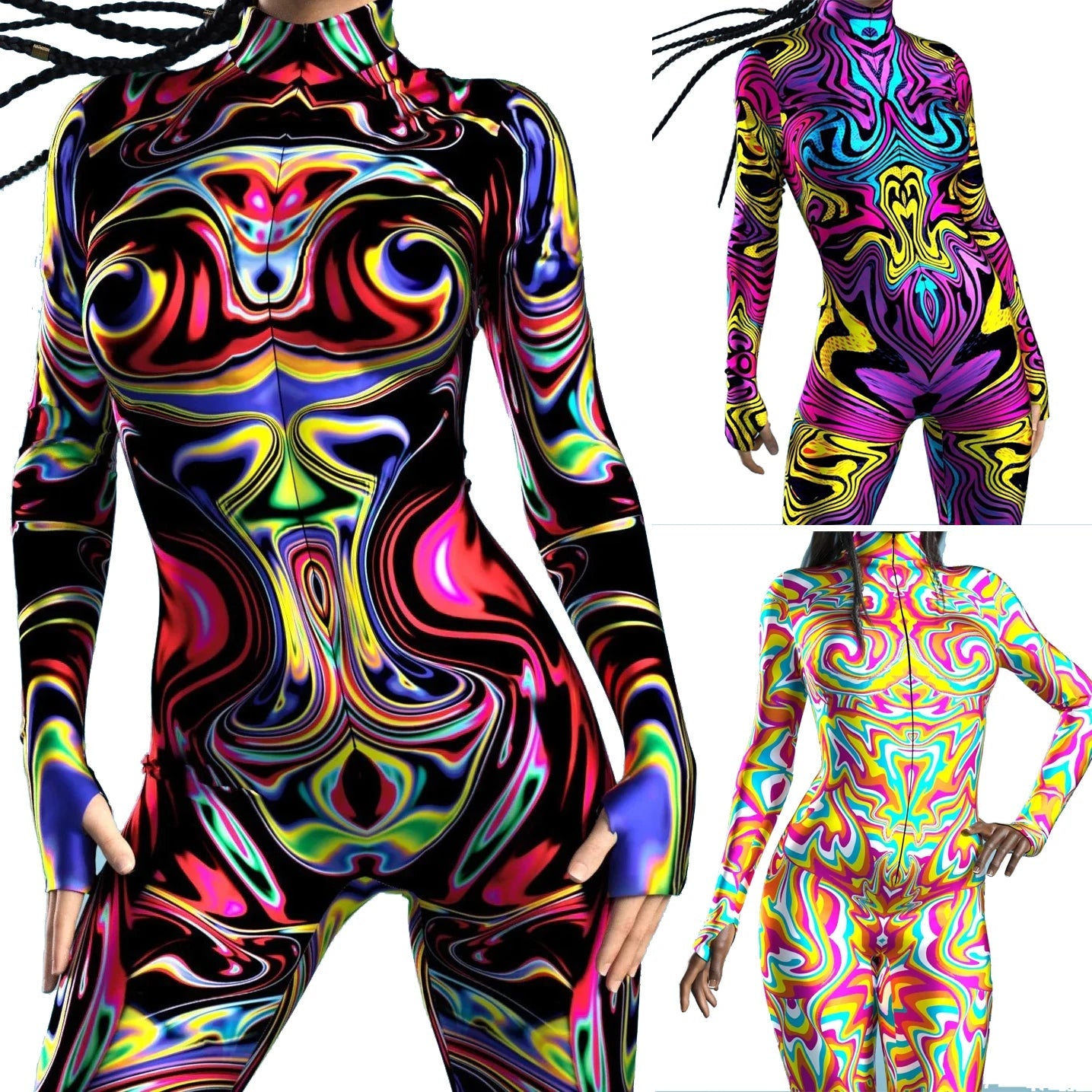 Colorful Rainbow Abstract Geometry 3D Print Women Sexy Skinny Jumpsuit Carnival Holiday Party Cosplay Costumes Fancy Bodysuit Quick Pick Grocers