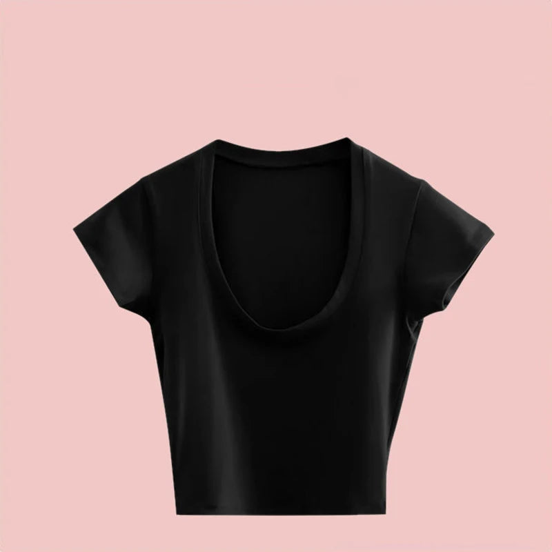Summer Slim T-Shirt Women Sexy Short Sleeve T Shirt U-Neck Gray Tee Female Solid Basic Black/White Korean Crop Tops Hot Y2k Quick Pick Grocers