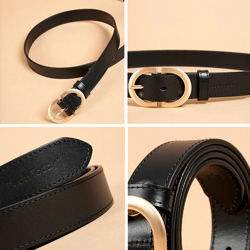 BEAUTODAY Belt Women Genuine Cow Leather Metal Oval Buckle Retro Simple Solid Ladies Jeans Dress Waistband Handmade 91012 Quick Pick Grocers