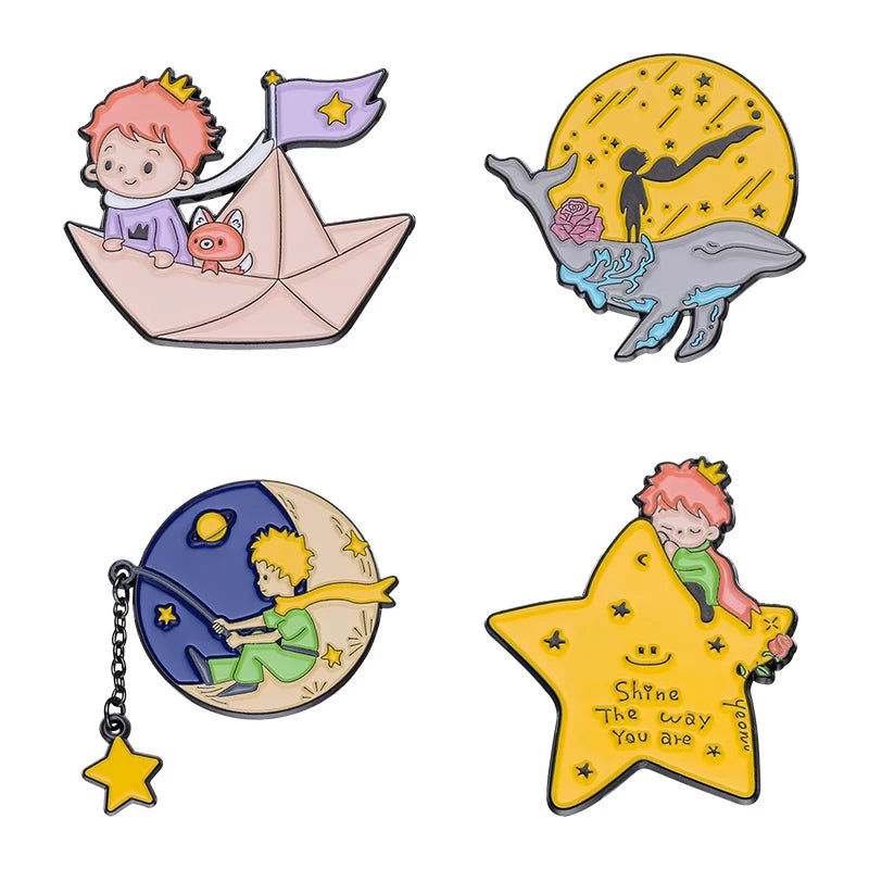 Cartoon Boy Fox Rose Enamel Pins Moon Star Whale Paper Boat Brooch Lapel Hat Bag Badge Jewelry Accessories Gift for Kids Friends Quick Pick Grocers