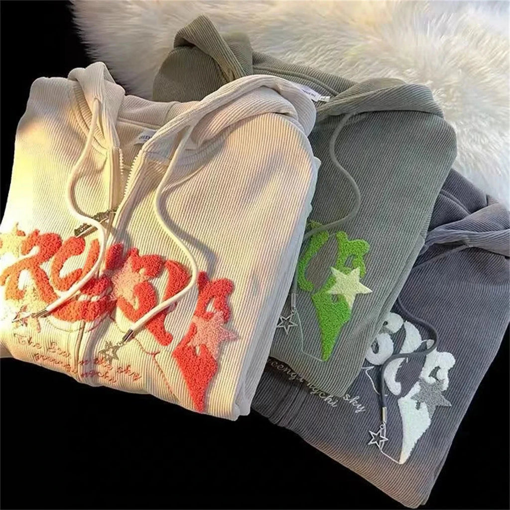 Fashion Embroidery Zip Up Hoodies Women Autumn Long Sleeve Tops Loose Hood Shirt Harajuku Y2K Clothes Female Sweatshirt Jacket Econic Blanks