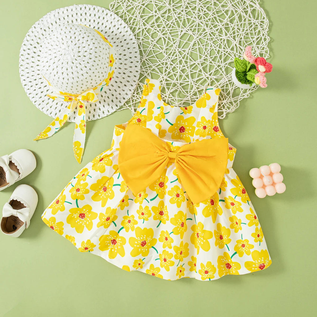 (0-2 Year Old Baby Girl Floral Dress) Summer New Sweet Bow Children'S Sleeveless Clothes With Free Hat For Beach Party Quick Pick Grocers