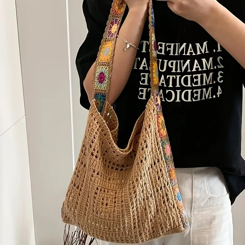 Women's Boho Crochet Bag Designer Flowers Knitted Handbags Large Capacity Summer Beach Woven Shoulder Bag Girls Tote Shopper Bag Quick Pick Grocers