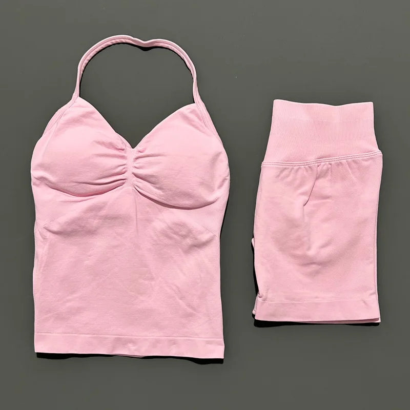 HISTELLO 2 Pieces Sports Set Women Yoga Longline Strap Top Scrunch Seamless Shorts Sport Gym Set Sportswear Workout Fitness Set Quick Pick Grocers