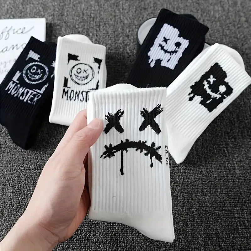 5/10 Pairs Men Women Graffiti Printed socks Street Style Soft Comfortable Sweat Absorbing Breathable Couple Sports Leisure Socks Quick Pick Grocers