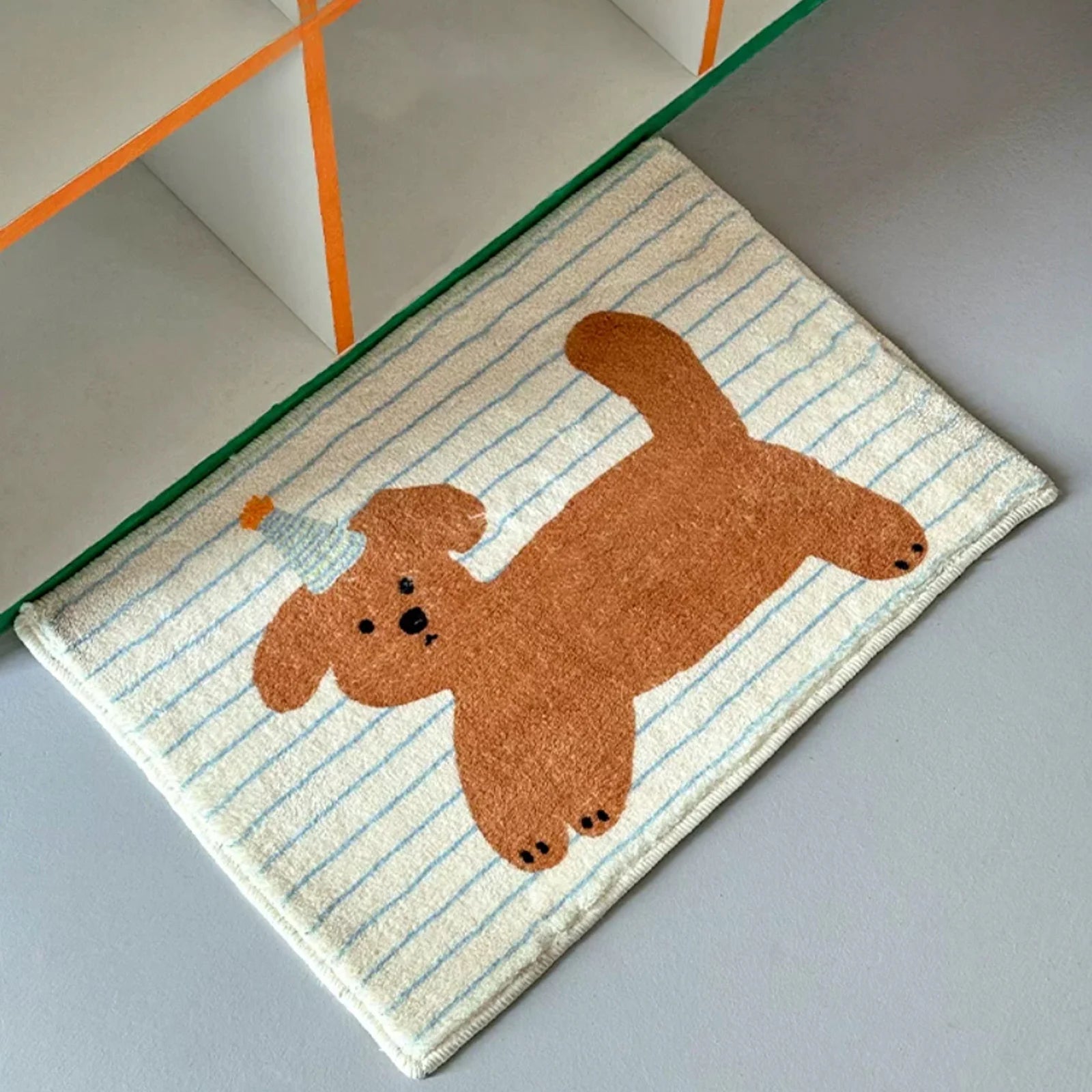 Striped puppy printed short fleece bathroom anti-slip mat, cute style door mat, indoor small carpet Quick Pick Grocers