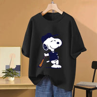 Snoopy Baseball Cartoon Anime Women T-shirt Summer Short Sleeve 100% Cotton Men Tee Shirts Tops 2025 New Fashion Couple Clothes Quick Pick Grocers