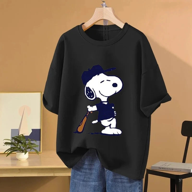 Snoopy Baseball Cartoon Anime Women T-shirt Summer Short Sleeve 100% Cotton Men Tee Shirts Tops 2025 New Fashion Couple Clothes Quick Pick Grocers
