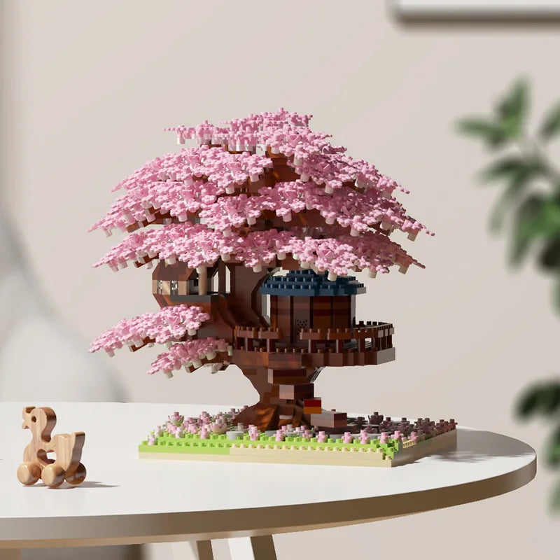 Pink cherry tree house building micro-particle building block classic model girl series difficult assembly toys Purest Peak Salt