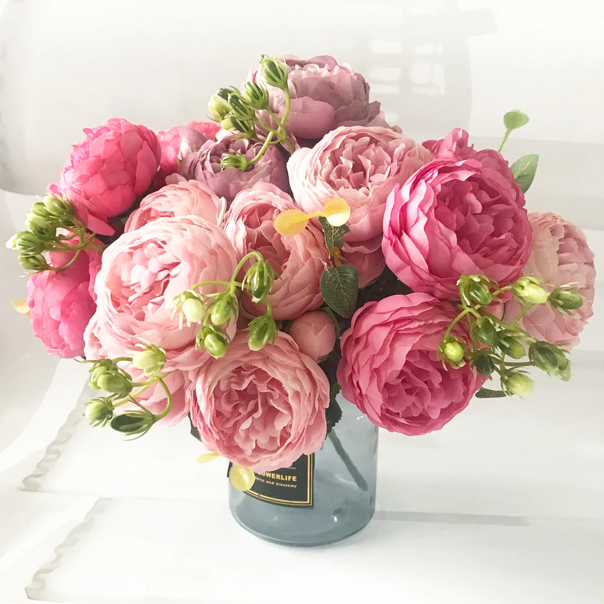 30cm Rose Pink Silk Peony Artificial Flowers Bouquet 5 Big Head and 4 Bud Cheap Fake Flowers for Home Wedding Decoration indoor Quick Pick Grocers