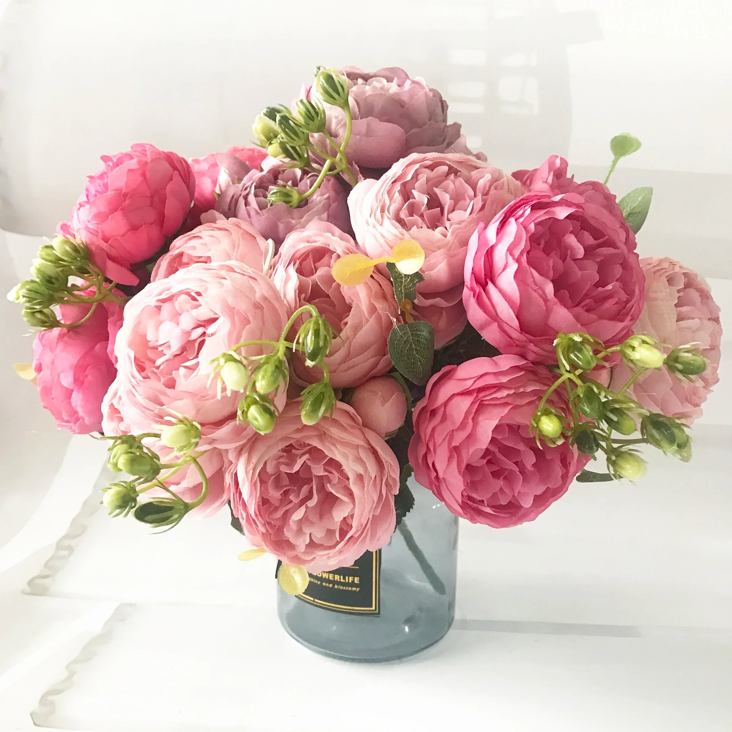 30cm Rose Pink Silk Peony Artificial Flowers Bouquet 5 Big Head and 4 Bud Cheap Fake Flowers for Home Wedding Decoration indoor Quick Pick Grocers