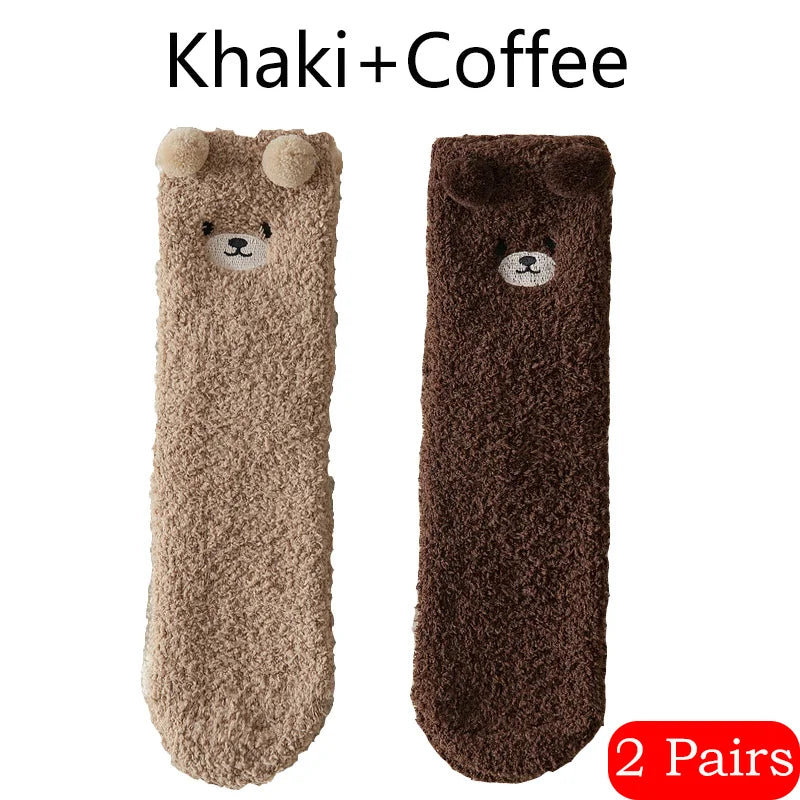 2 Pairs Cute Socks Bear Women Coral Velvet Thick Plush Warm Socks Sleep Fluffy Socks Cute Cartoon Lovely Floor Fuzzy Sock Winter Purest Peak