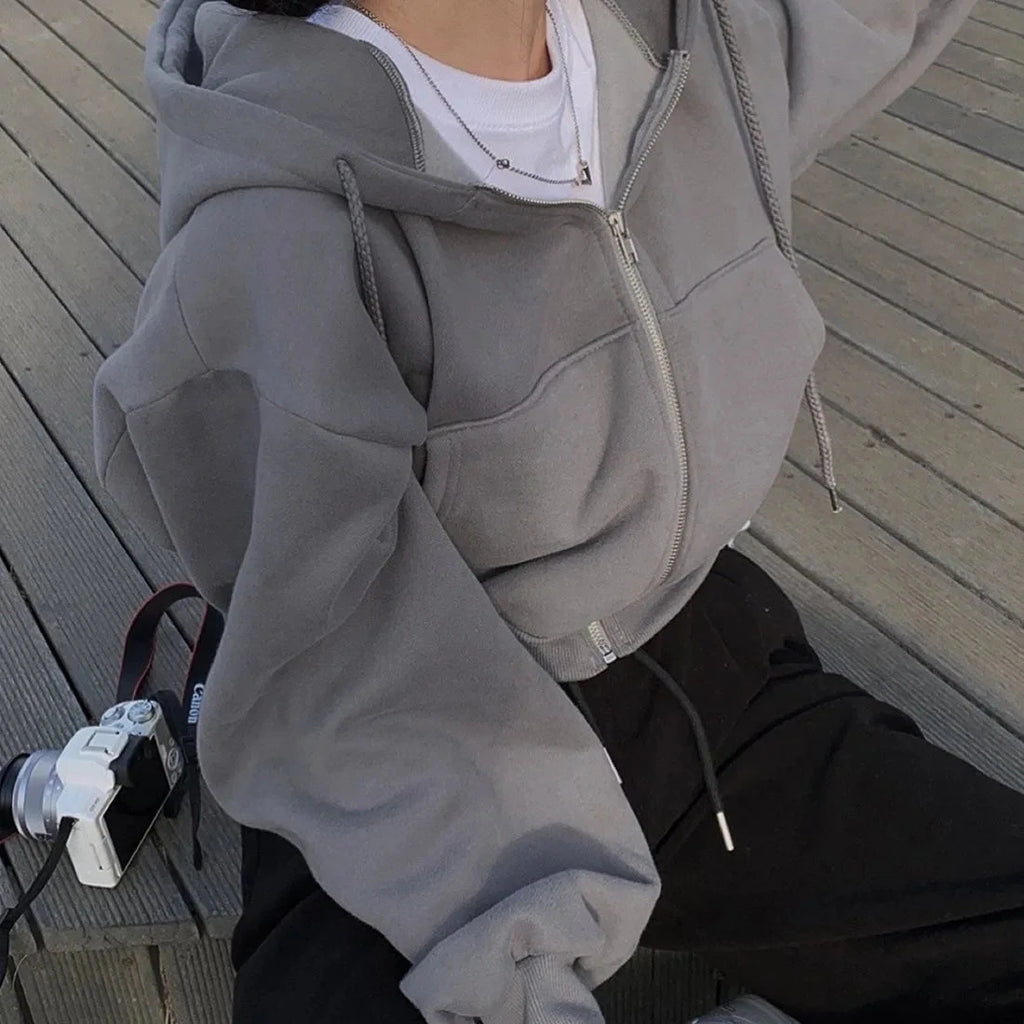 Casual Hood Sweatshirt Women Y2K Zip Up Hoodies Solid Harajuku Long Sleeve Shirt Oversized Crop Tops Female Loose Jackets Coat Econic Blanks