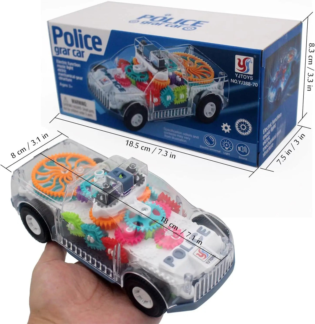Light Up Transparent Gears Police Car Toy for Kids Bump and Go Toy Car for Boys Girl Educational Baby Toys Car Music LED Effects Quick Pick Grocers