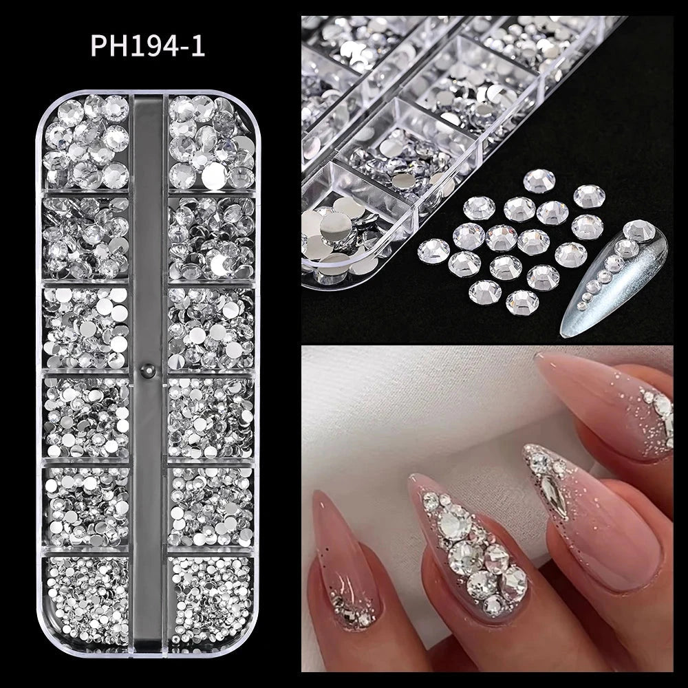 12Grids SS6-SS30 Mixed Nail Rhinestones Shiny Clear/Gold/Pink/Blue Diamond Flat-back Nail Gems Glass Stones Nails Decoration Econic Blanks