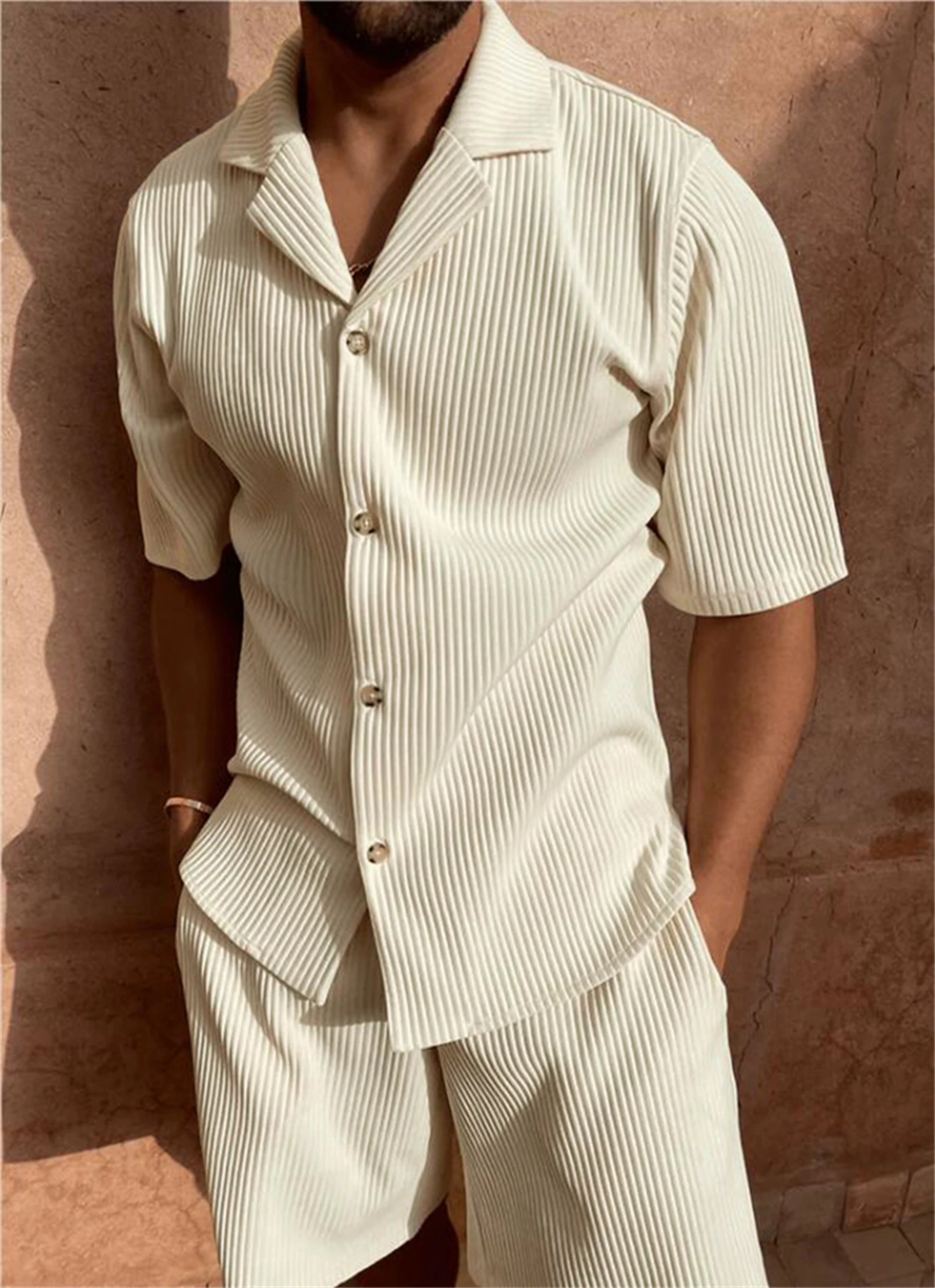Spring/Summer suit Solid color corduroy shorts sleeve shirt and shorts stretch beach casual suit Quick Pick Grocers