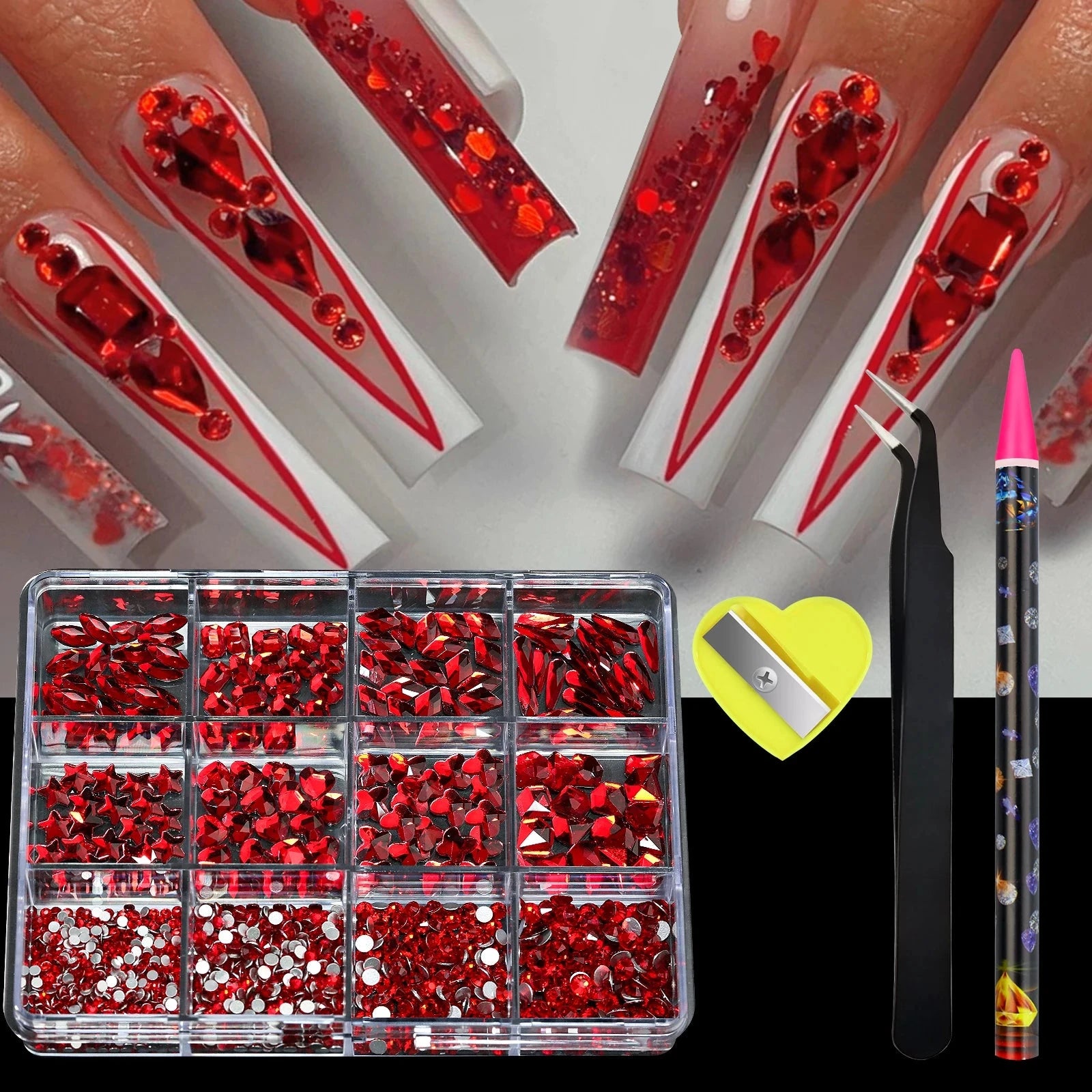 12 Grid Diamond Jewelry Set for Nail Art Decorations Nail Ab Flat Bottom Drill Nail Art Luxe Nail Shaped Diamond Illusion Color Econic Blanks