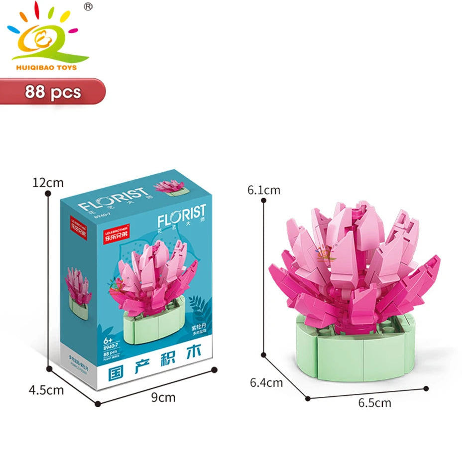 HUIQIBAO MOC Flower Succulent Potted Model Building Block DIY Eternal Bouquet Home Desk Plant Decor Brick Girl Gift Children Toy Quick Pick Grocers