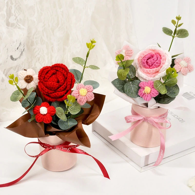 Knitted Flower Bouquet Crochet Rose Flowers Hugging Bucket New Year Gifts Living Room Desk Decoration Mother's Day Gift Quick Pick Grocers