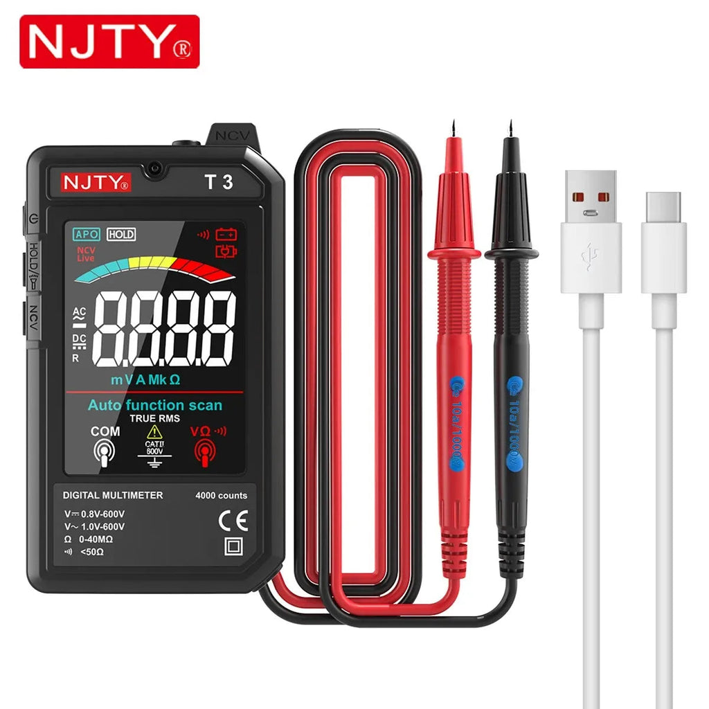 NJTY T3 Smart Digital Multimeter Type-c Charging Auto-Ranging 4000 Counts Ultra-thin NCV Live Wire Color Display Multimeter Tool Quick Pick Grocers