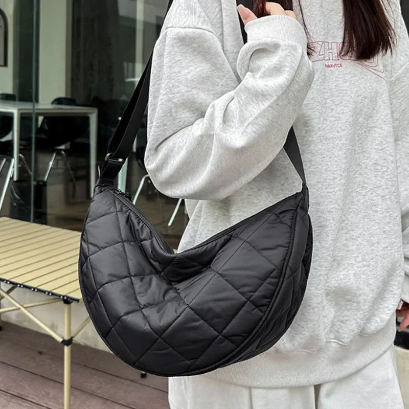 Waist Half Moon Belt Bag Solid Color Crossbody Bag Large Capacity Shoulder Bags Portable Nylon Plaid Travel Bags for Commuting Quick Pick Grocers