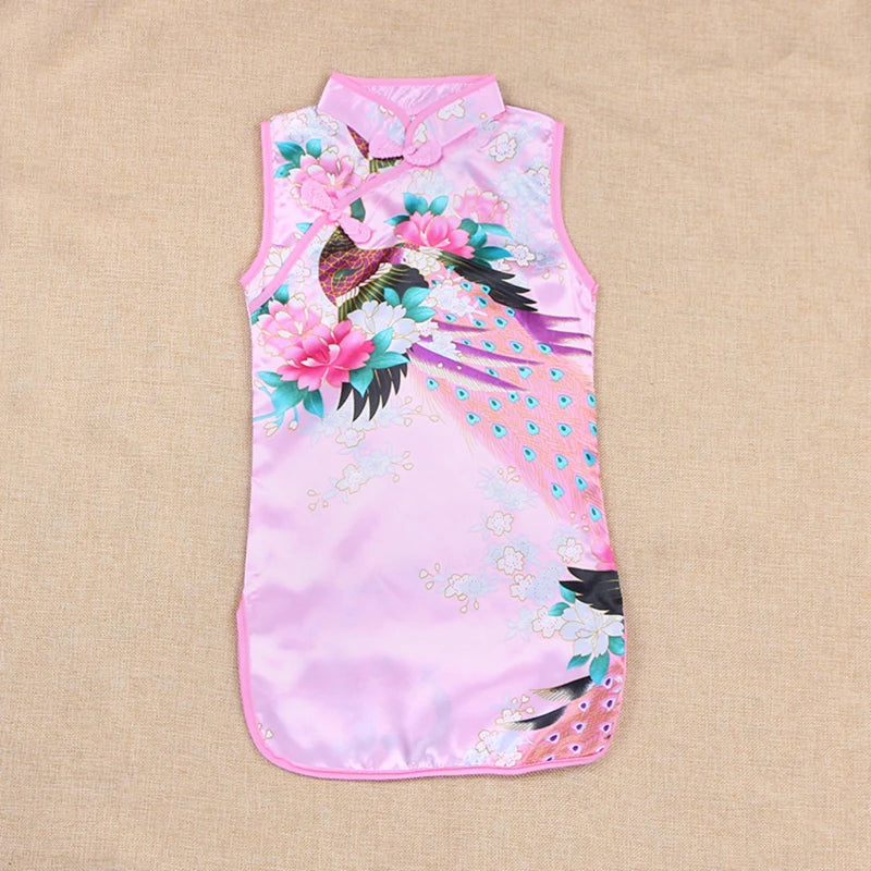 Cheongsam Dress Baby Girl Qipao Summer Clothes Peacock Sleeveless Slim Traditional Dress Child Girls Clothes Chinese Style Quick Pick Grocers