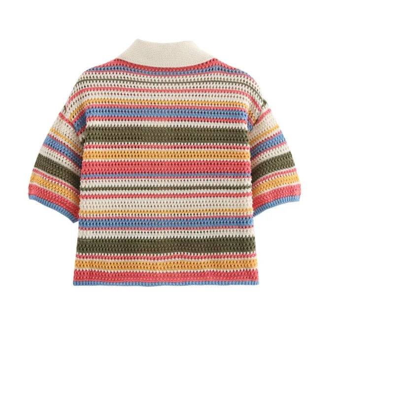 Women Patchwork Striped Hollow Out Crochet Knitted Crop Sweater Shorts Set Short Sleeve Polo Collar Sweater Knit Shorts Suit Y2K Quick Pick Grocers