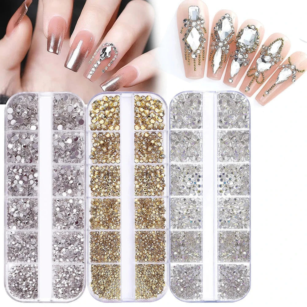 2400pcs+ Shiny Clear Crystal Gems Nail Rhinestones 1.5-4mm Mixed Round Glass Stone Flatback Nail Charms 12grids Nail Diamond DIY Econic Blanks