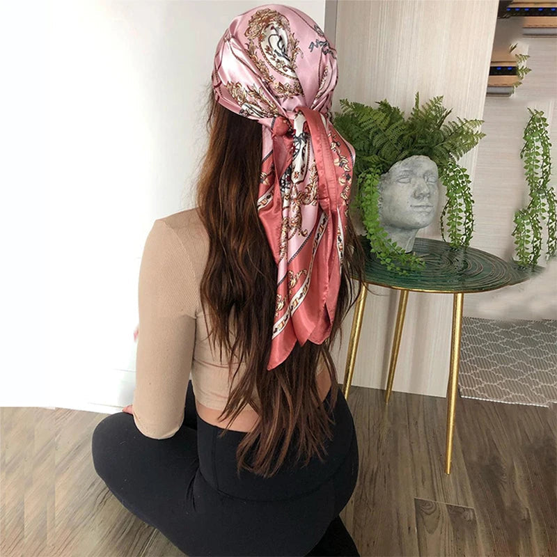 90*90cm Square Silk Scarves Women Hijab Shawls Fashion Print Kerchief Femme Head Scarf Foulard Bandana Beach Pareo Quick Pick Grocers
