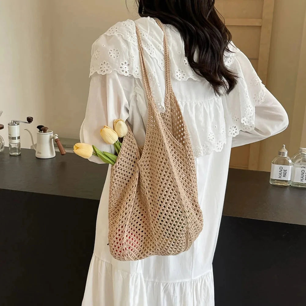 Women Knitting Shoulder Bag Large Capacity Knitting Underarm Bag Solid Crochet Tote Handbag Summer Mesh Beach Bag Hobo Bag Econic Blanks