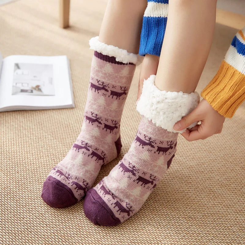 Christmas Gift Slipper Socks Women Thermal Winter Warm Plush Non slip Grip Sleeping Floor Short Sock Fuzzy Fluffy Female Cartoon Quick Pick Grocers