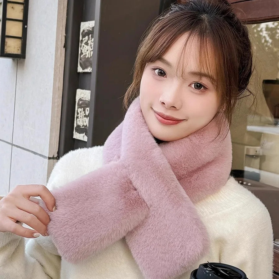 Women Winter Warm Thicken Cross Collar Scarf Solid Color Faux Rabbit Fur Cold Proof Scarves Fashion Soft Furry Neck Warmer Quick Pick Grocers