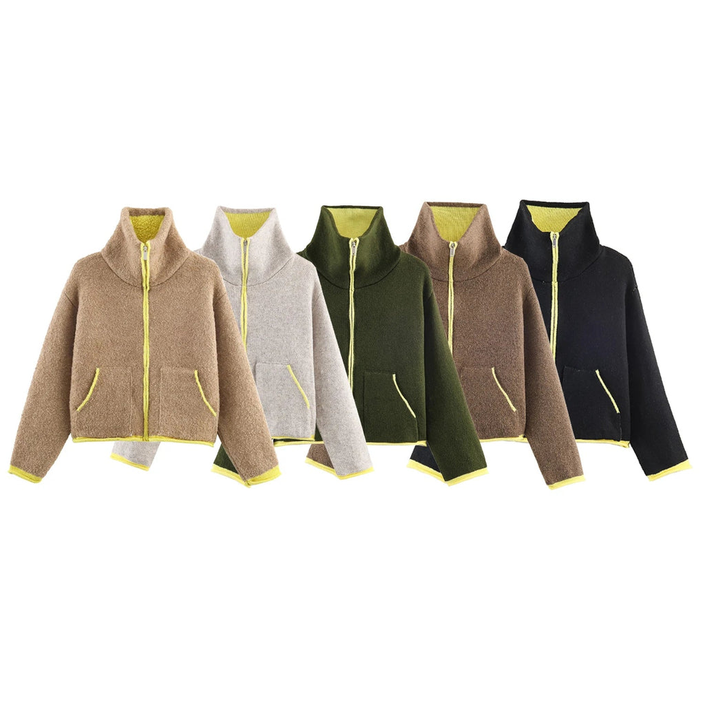 2025 Winter New Product Women's Lazy Style Loose Contrasting Color Decorative Layer Knitted Pilot Jacket Coat Quick Pick Grocers