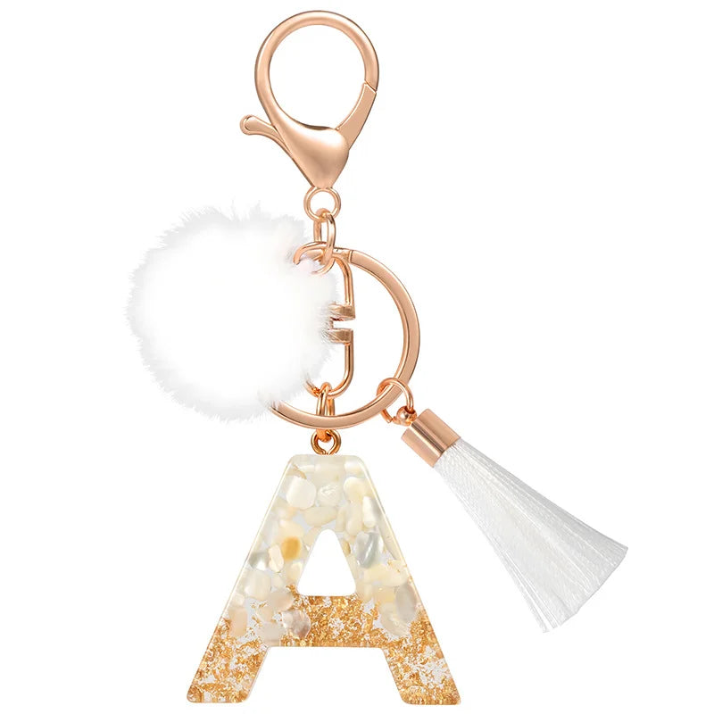 Creative Resin Initials White Fringe Fur Ball Women Keychain A-Z Letter Pendant Handbag Decor Car Key Ring Jewelry Gift Quick Pick Grocers