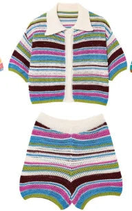 Women Patchwork Striped Hollow Out Crochet Knitted Crop Sweater Shorts Set Short Sleeve Polo Collar Sweater Knit Shorts Suit Y2K Quick Pick Grocers