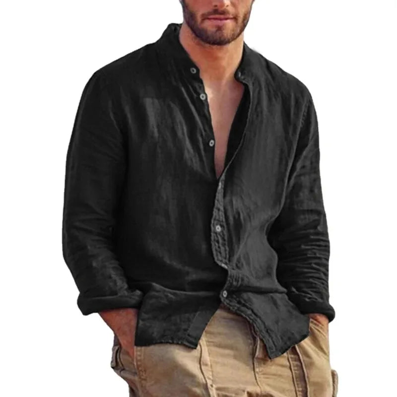 Sweatwear Men's Long Sleeve Shirt Linen Solid Color Shirts Trend Stand Collar Casual Lightweight Breathable Tops Hawaiian Shirt Quick Pick Grocers
