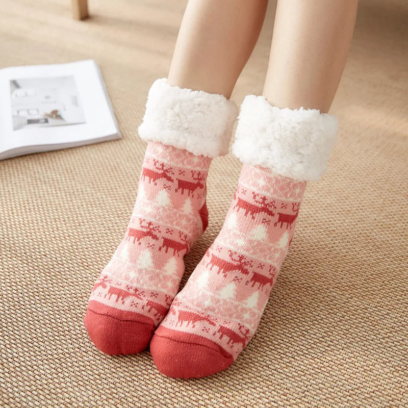 Christmas Gift Slipper Socks Women Thermal Winter Warm Plush Non slip Grip Sleeping Floor Short Sock Fuzzy Fluffy Female Cartoon Quick Pick Grocers