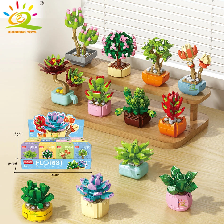 HUIQIBAO MOC Flower Succulent Potted Model Building Block DIY Eternal Bouquet Home Desk Plant Decor Brick Girl Gift Children Toy Quick Pick Grocers