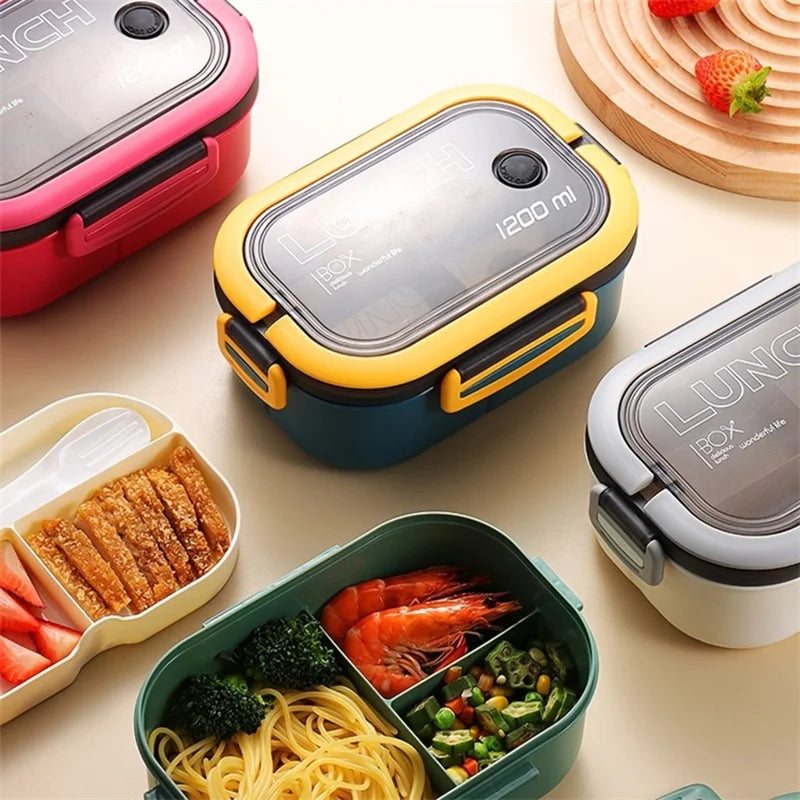 1200ML 2 Layer Bento Lunch Box With Spoon Fork, Kid High Capacity Microwae Food Containers Portable Leakproof Office Camping Quick Pick Grocers