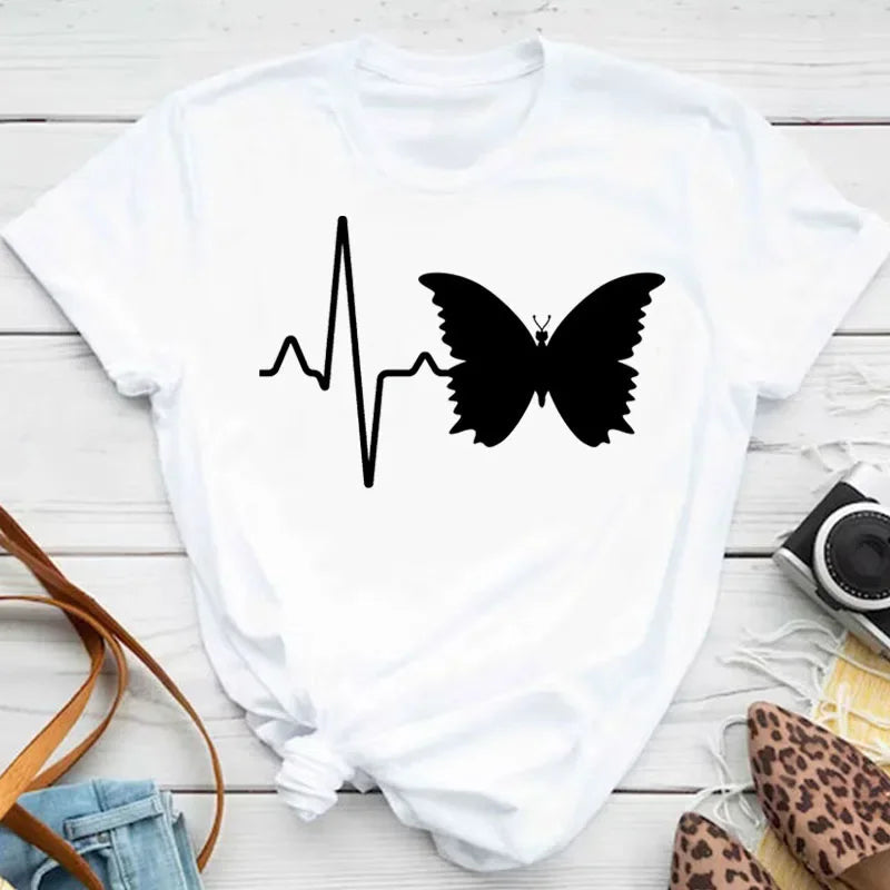New Fashion Women T-shirt Colorful Butterfly Petal Print Short Sleeve and Round Neck Cute Graphic Tee Shirts Female Tops Clothin Quick Pick Grocers