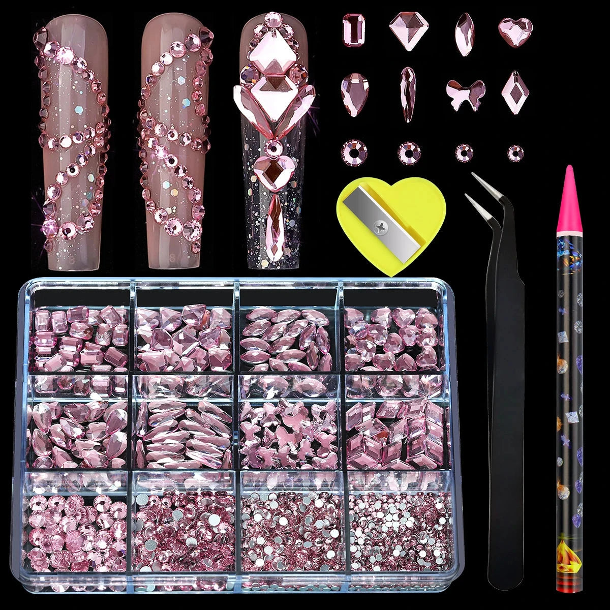 12 Grid Diamond Jewelry Set for Nail Art Decorations Nail Ab Flat Bottom Drill Nail Art Luxe Nail Shaped Diamond Illusion Color Econic Blanks