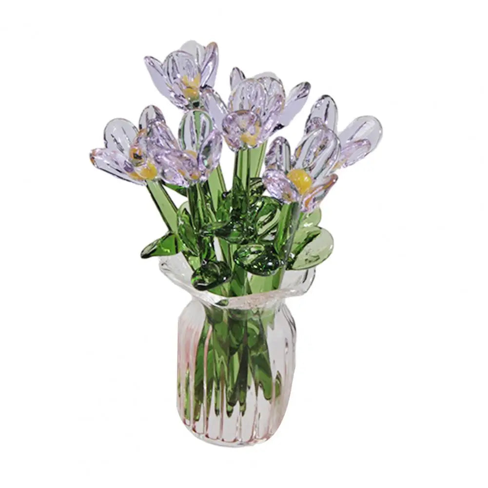 Glass Flower Decor Handcrafted Floral Sculpture Hand-blown Glass Flower Bouquet with Vase Mini Floral Decoration for Home Room Quick Pick Grocers