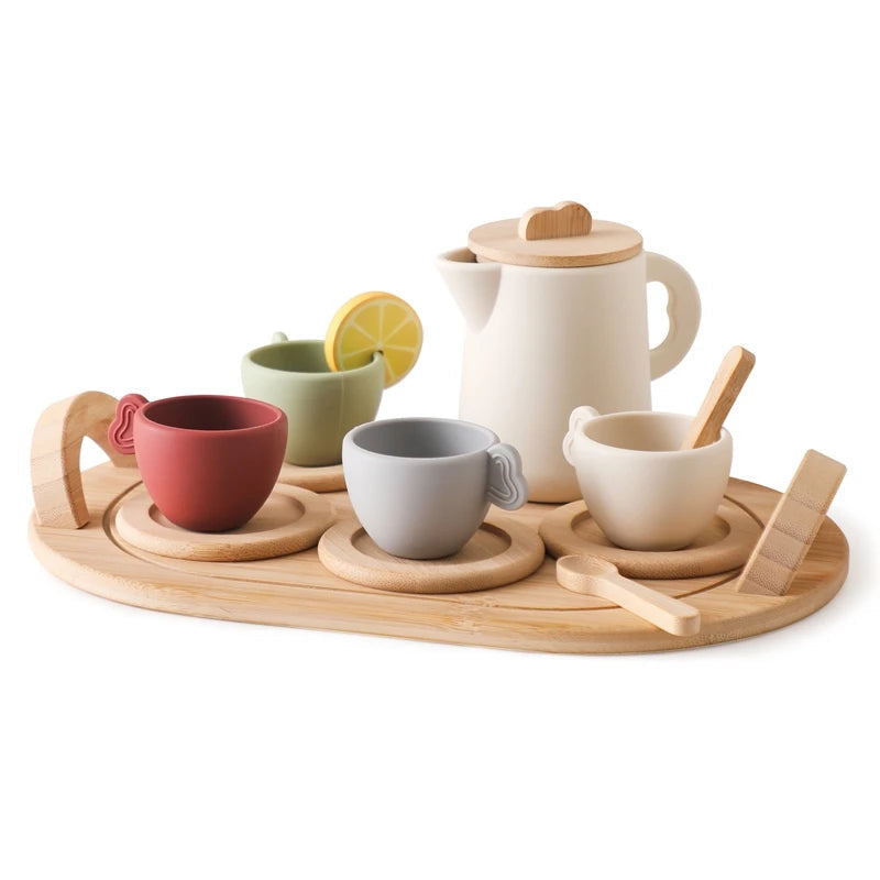 Wooden Children Montessori Toy Teapot Teacup Simulation Kitchen Utensil  BPA Free Silicone Kid Education Pretend Play Toy Gift Purest Peak