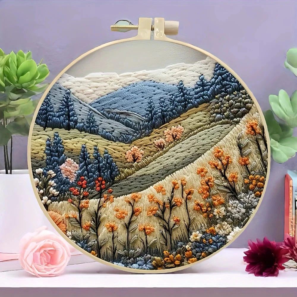Beginners Hand Embroidery Kit - Mountain and Moon Landscape, Mixed Colors, Fabric Included - Perfect Handmade Gift Econic Blanks