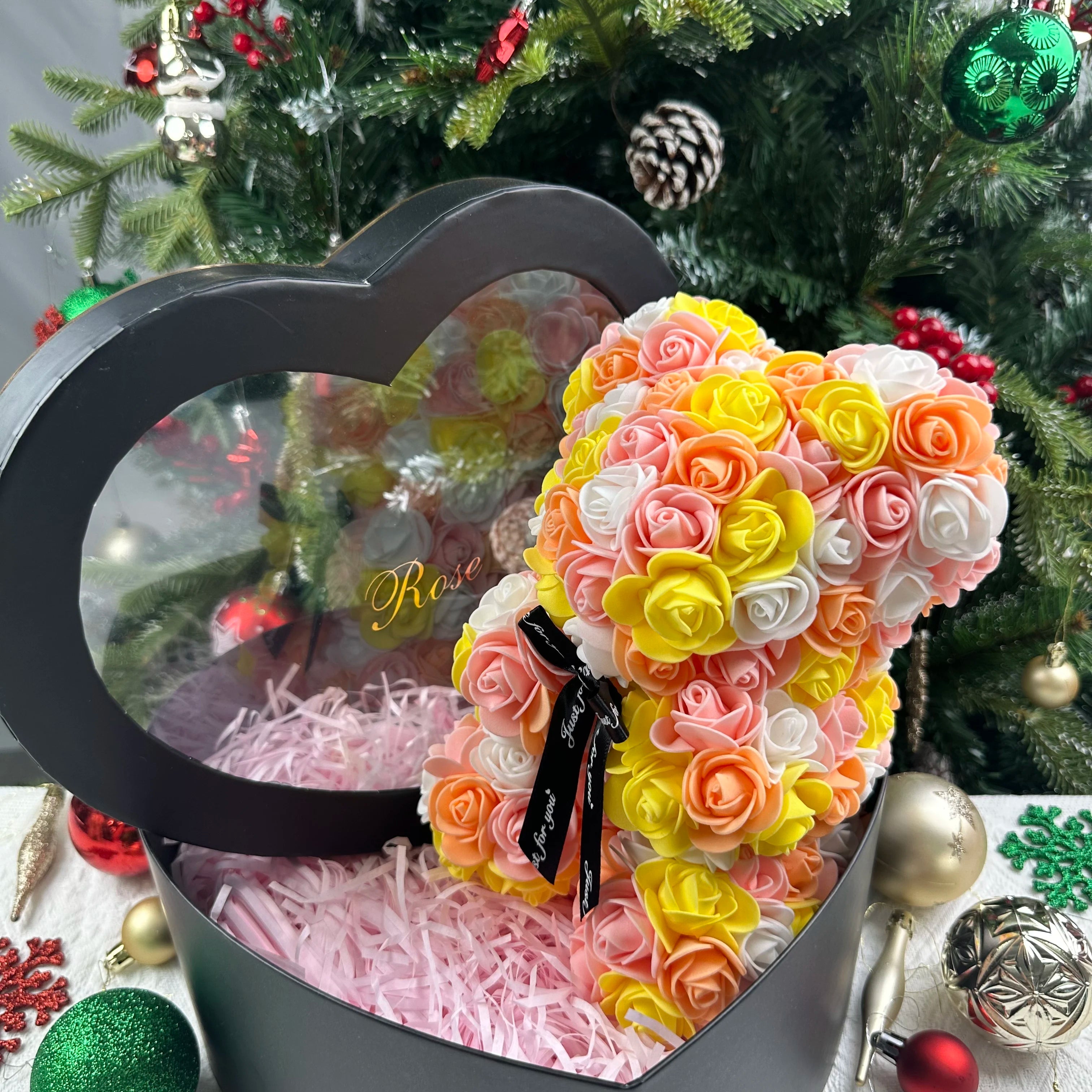 25cm Artificial Teddy Rose Flower Bear with Box Romantic Valentines Day Gift Girlfriend Women Anniversary Wedding Party Supplies Quick Pick Grocers