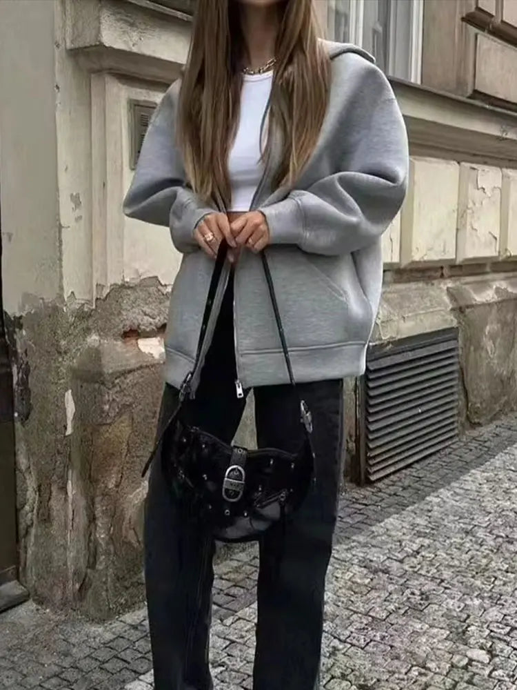 HH Autumn Women Gray Jacket With Hood Long Sleeve Big Pocket Zipper Jacket Coat Woman Loose Casual Outerwear Coat Tops Econic Blanks