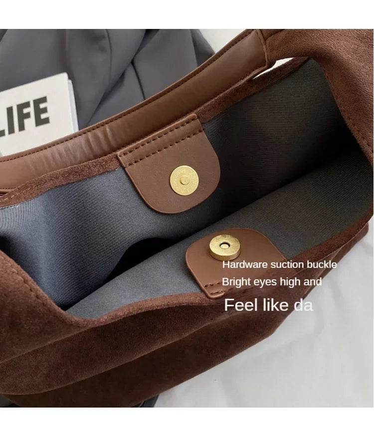 Autumn and Winter Vintage Women's Bag Large Capacity Suede Shoulder Bag Solid Color Simple Casual Commuter Bag Retro Handbags Quick Pick Grocers
