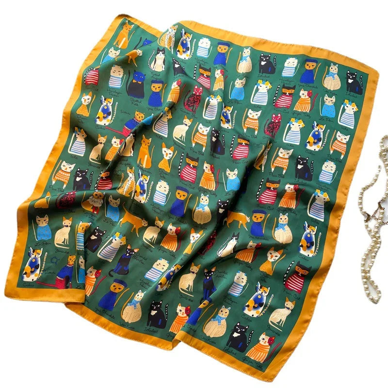 2025 Silk Shawl Print Headscarf Cat Hair Wrap Neckerchief Female Satin Square Scarf For Women Headband Foulard Hijab Bandana Quick Pick Grocers