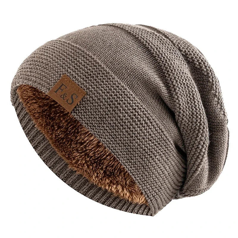 New Unisex Slouchy Winter Hats Add Fur Lined Men And Women Warm Beanie Cap Casual Label Decor Winter Knitted Hats Purest Peak